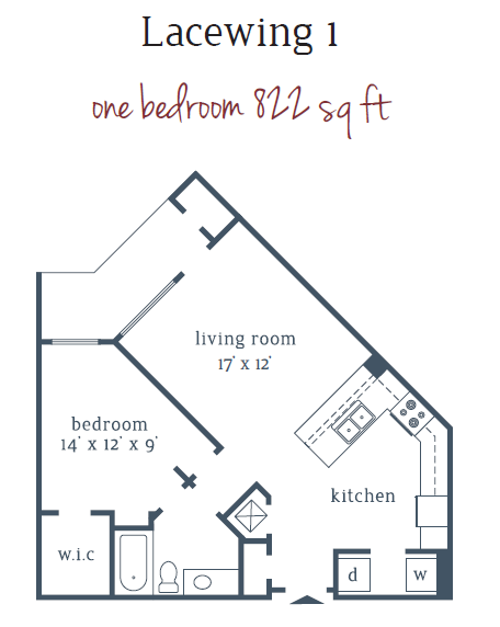 Floor plan for 1 bed, 1 bath, 822 sqft